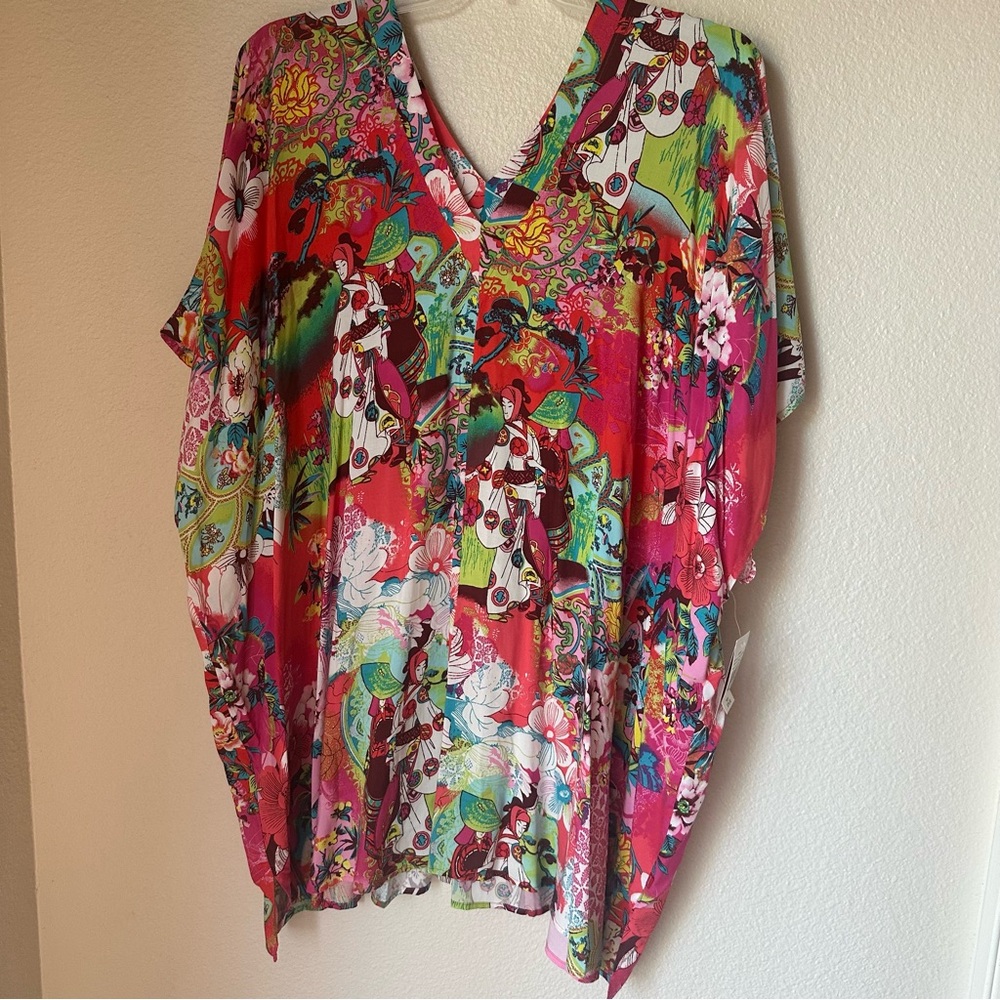 Josie Natori Womens V-neck Asian Inspired Short Caftan Tunic LoungeWear XL NWT